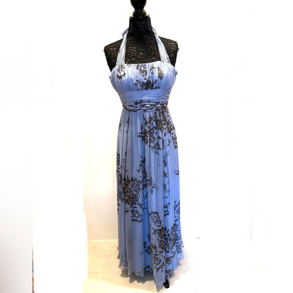 Vintage BCBG Max Azria 100% Silk, beaded and black printed Halter Maxi Dress